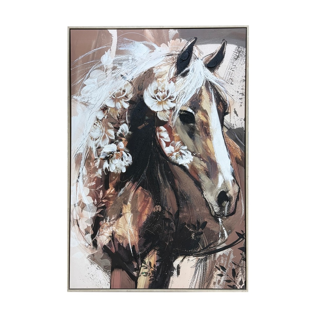 FRAMED FLORAL HORSE CANVAS 80% HANDPAINTING
